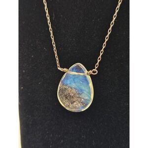 Sterling Silver Faceted Opalite Glass Teardrop Necklace 15" Wire Wrapped